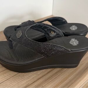 Harley-Davidson Glittery Black Wedge Sandals